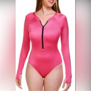 Betsey Johnson Pink Long Sleeve Scuba Zip Up Swimsuit